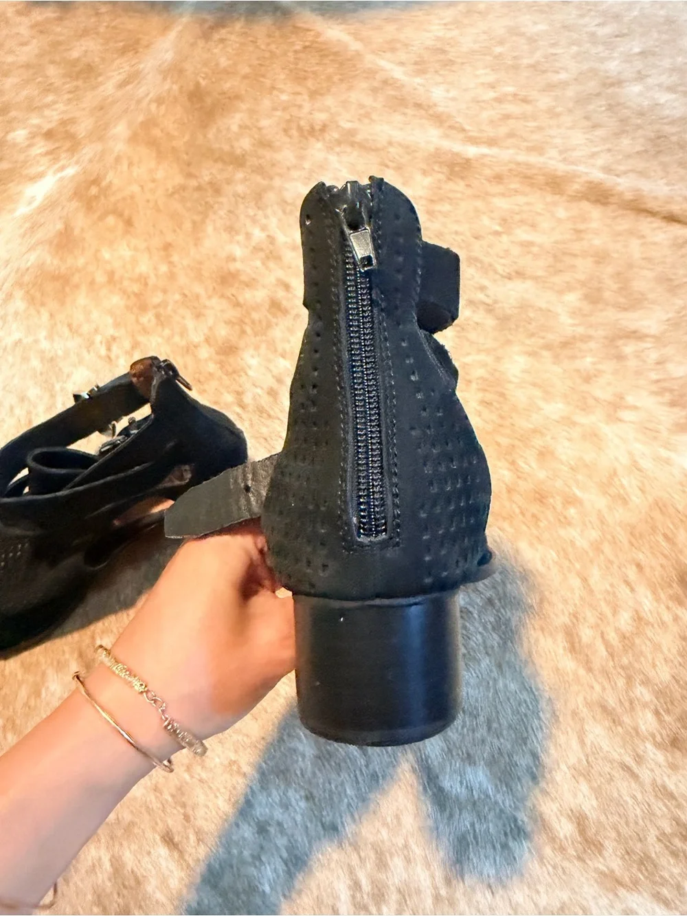 Jeffrey Campbell Black Perforated Suede Ankle Booties with Buckle Straps